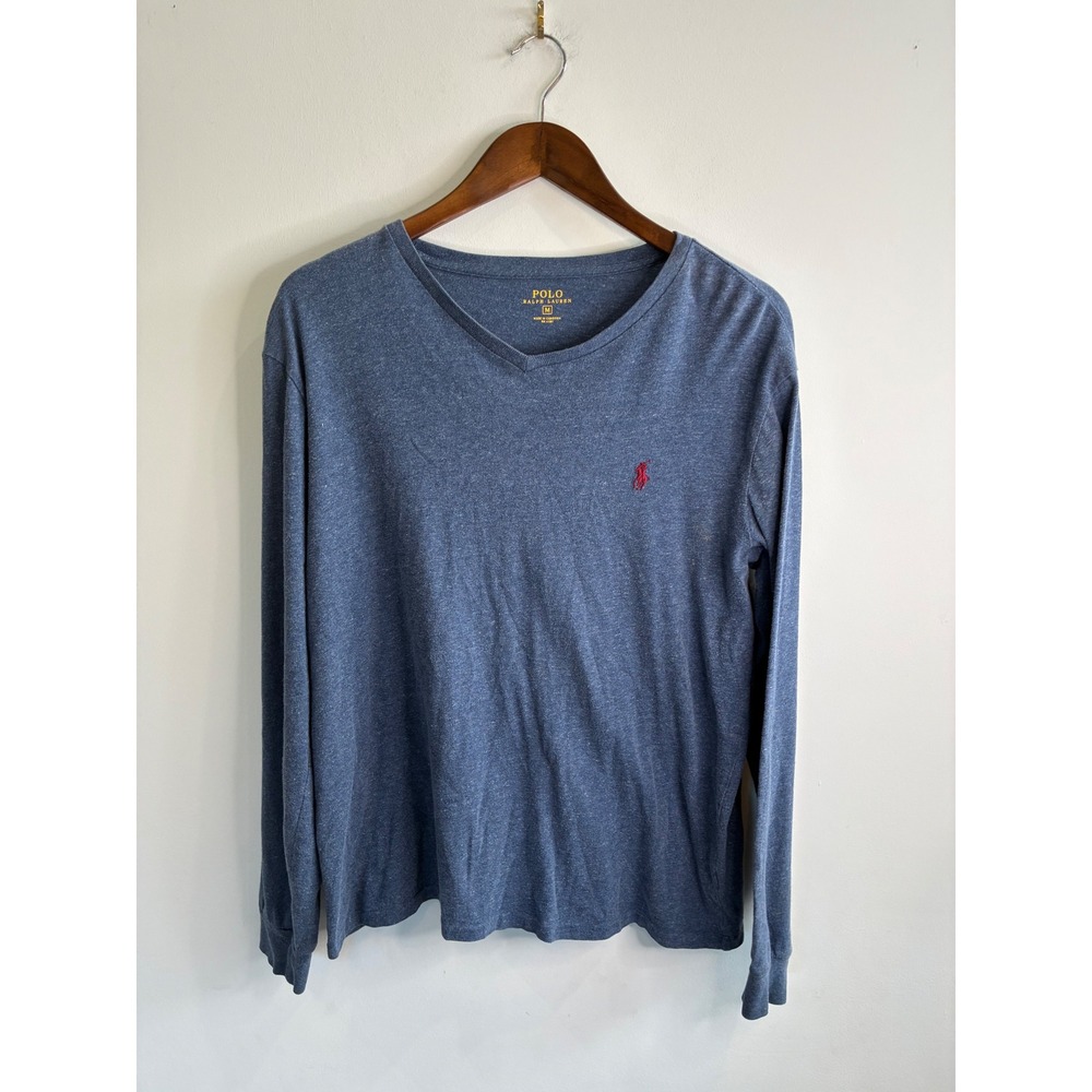 Polo Ralph Lauren Mens V-Neck Long Sleeve T-Shirt Blue Heather Cotton M